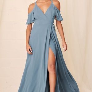 Lulus slate blue cold shoulder wrap maxi dress